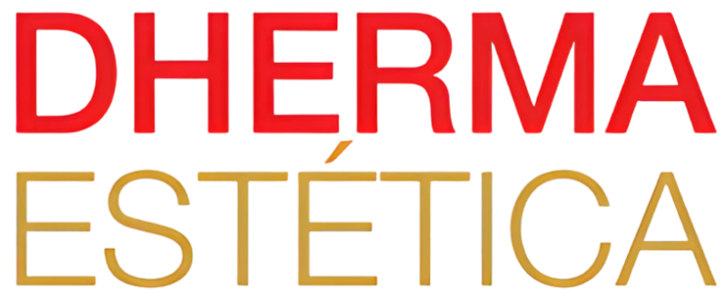 Logo de Dherma Estética, letras rojas y doradas.