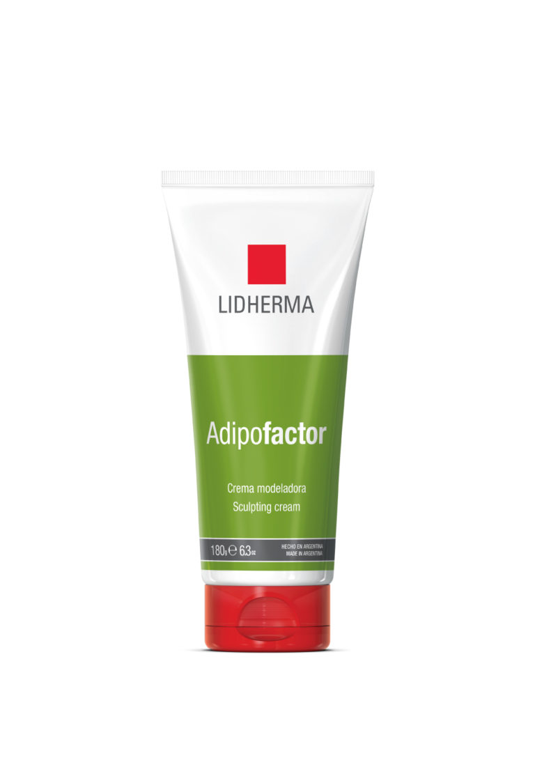 Crema modeladora Lidherma Adipofactor, tubo blanco y verde.